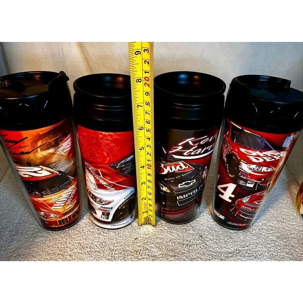 Set of 4 NASCAR-Themed Collectible Travel Mugs Tony Stewart & Kevin Harwick NEW